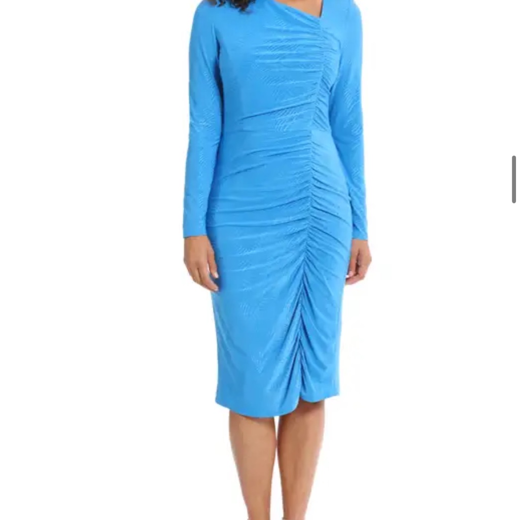 London Times Blue Asymmetrical Ruched Midi Dress